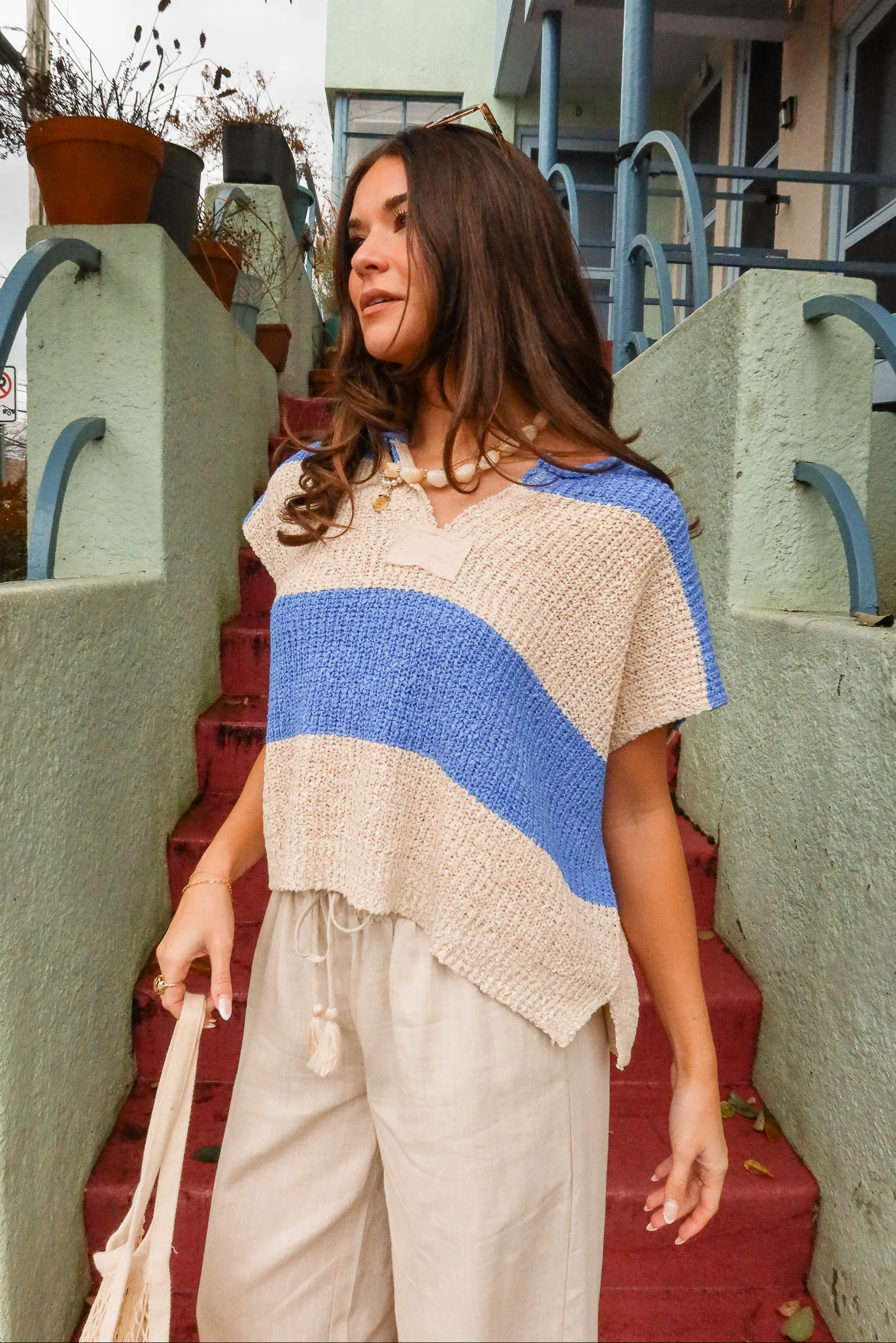 Leah Blue & Natural Striped Sleeveless Sweater - Image 4