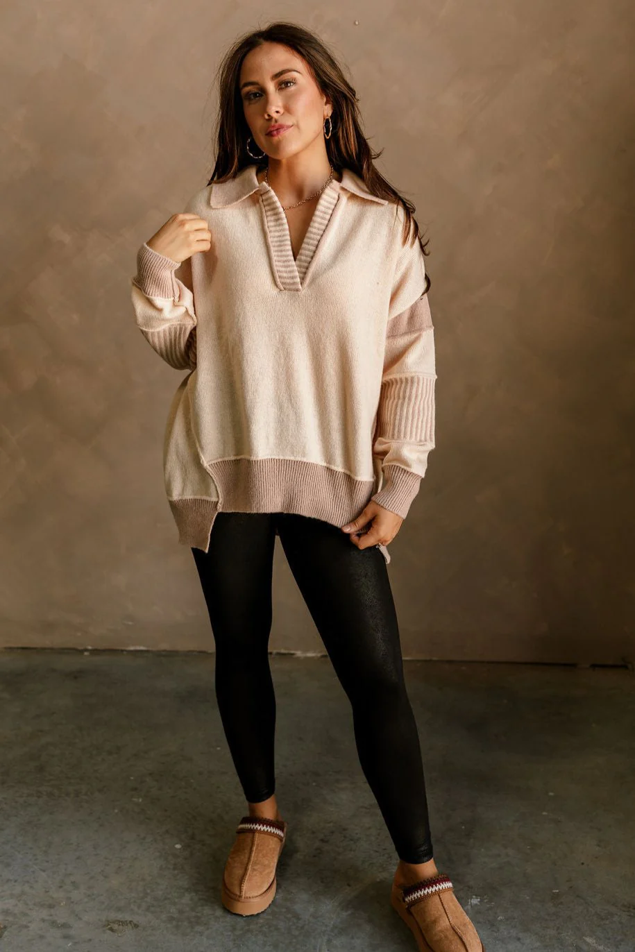 Leah Taupe & Cream Collar Long Sleeve Sweater