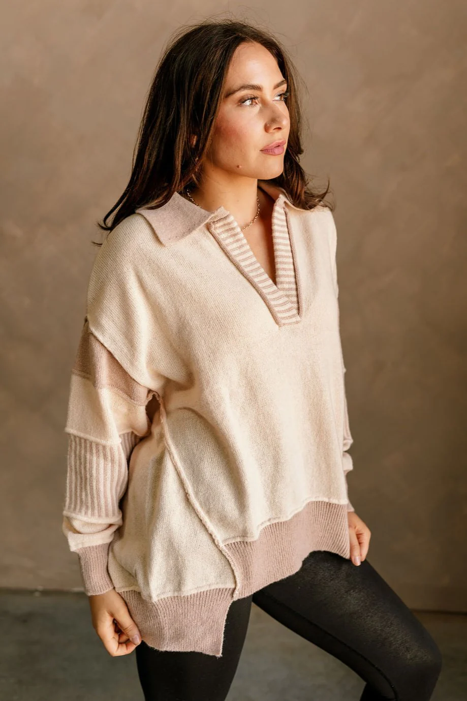 Leah Taupe & Cream Collar Long Sleeve Sweater - Image 2