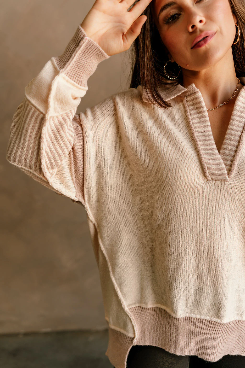 Leah Taupe & Cream Collar Long Sleeve Sweater - Image 3