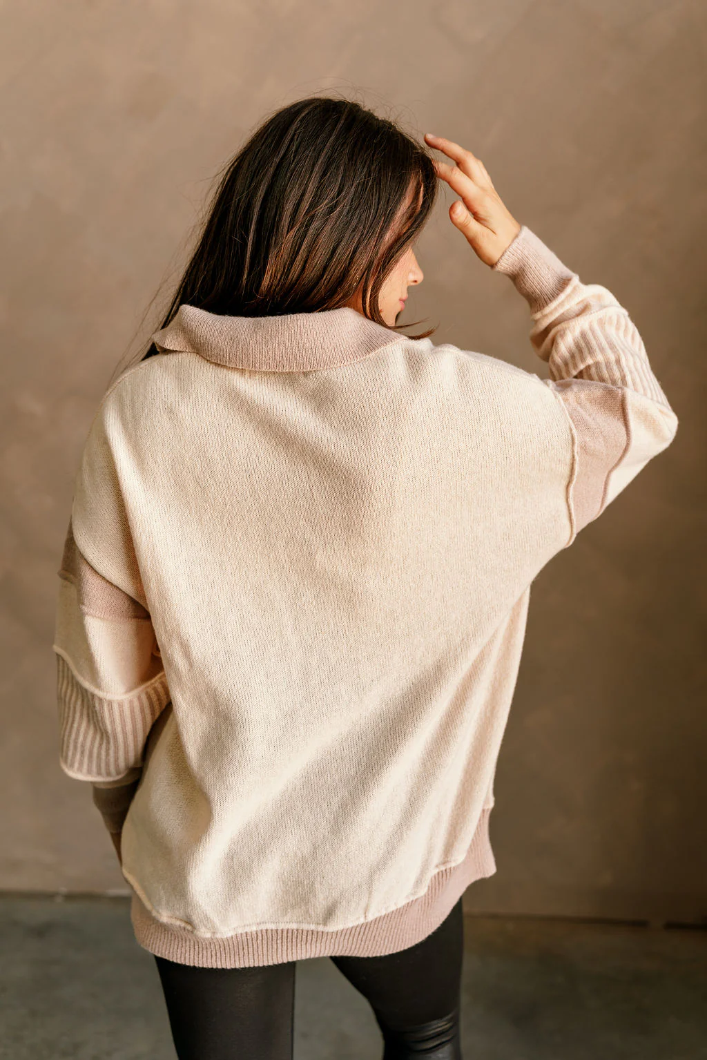 Leah Taupe & Cream Collar Long Sleeve Sweater - Image 4