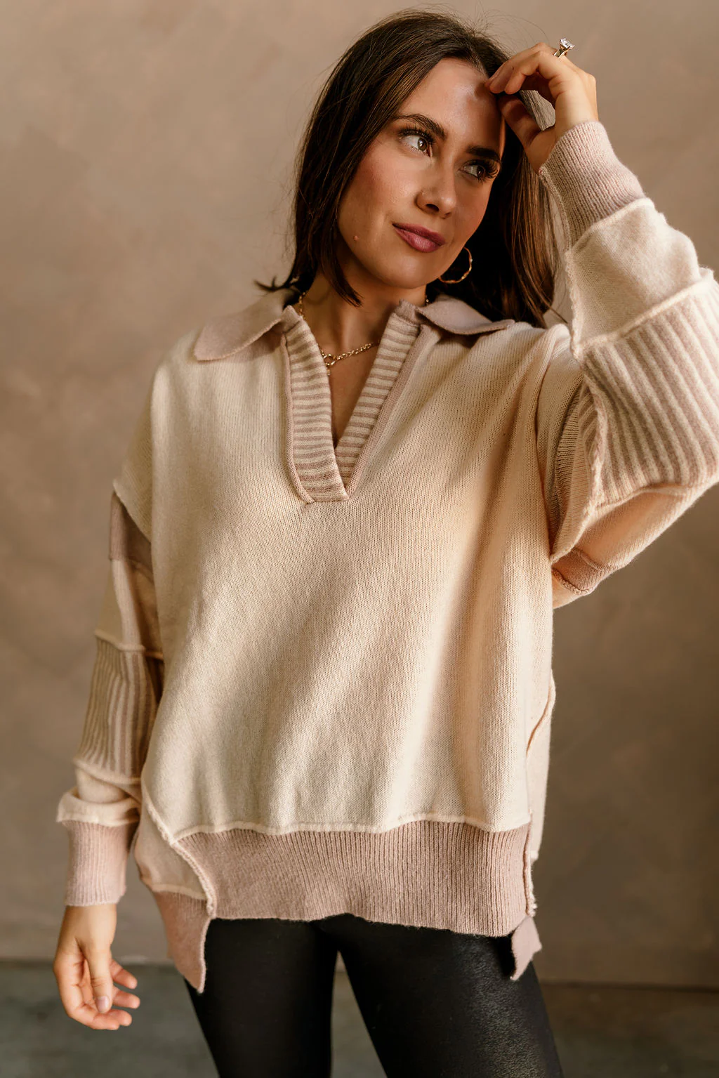 Leah Taupe & Cream Collar Long Sleeve Sweater - Image 5