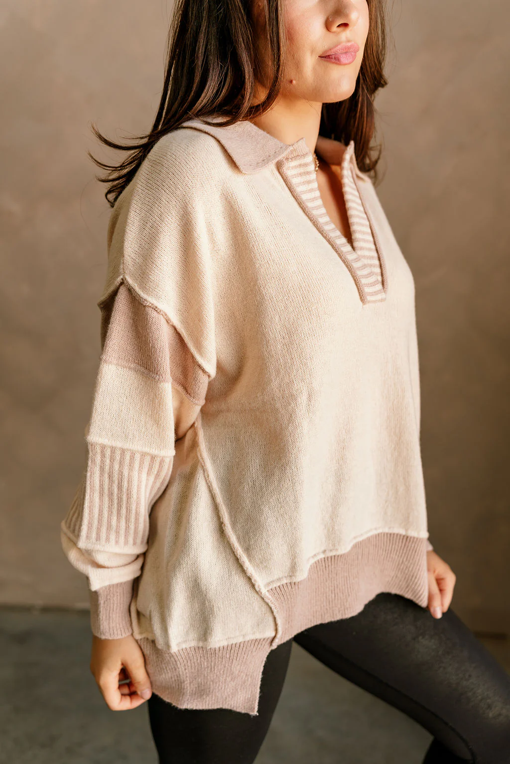 Leah Taupe & Cream Collar Long Sleeve Sweater - Image 6