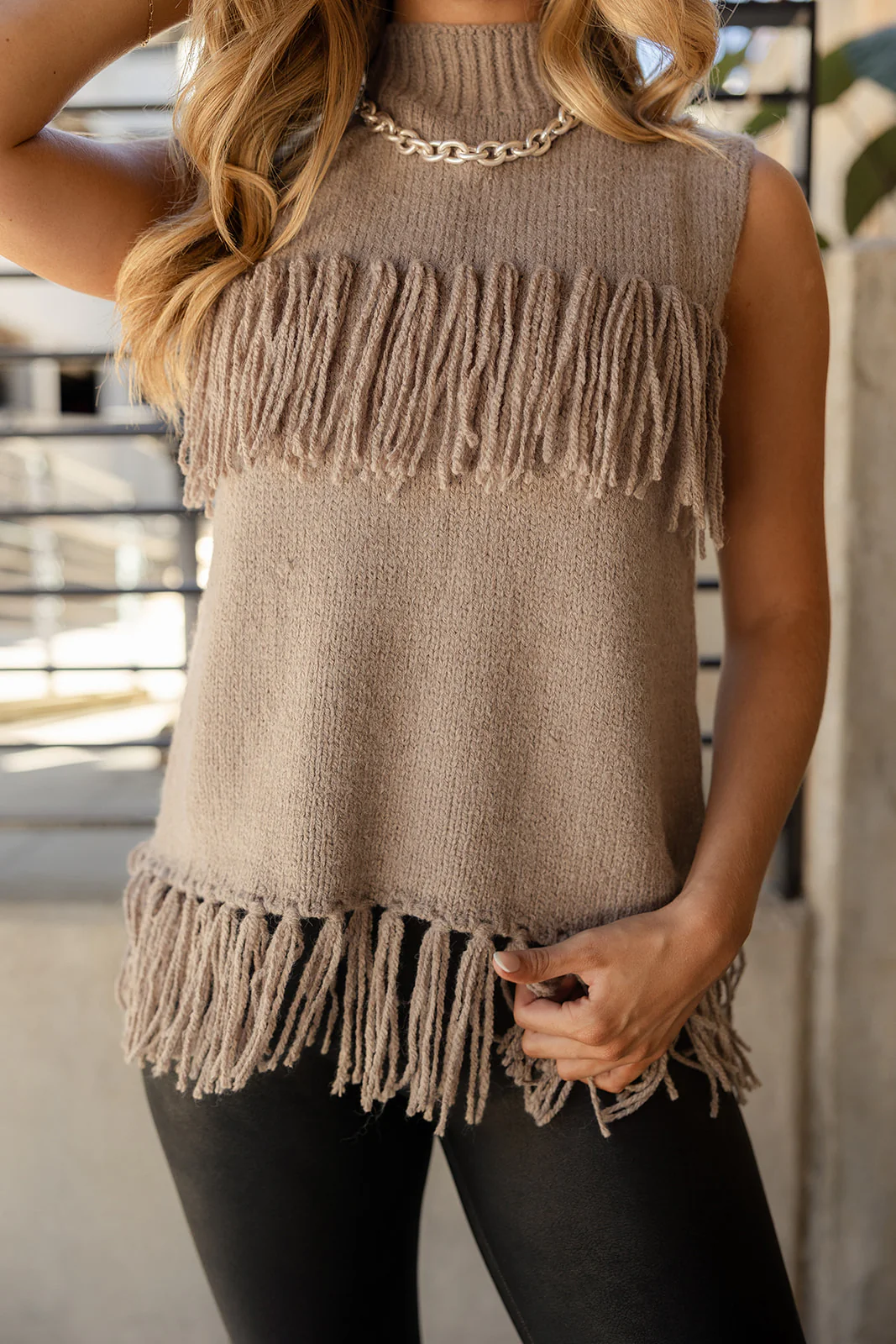 Leah Taupe Fringe Knit Tank - Image 5