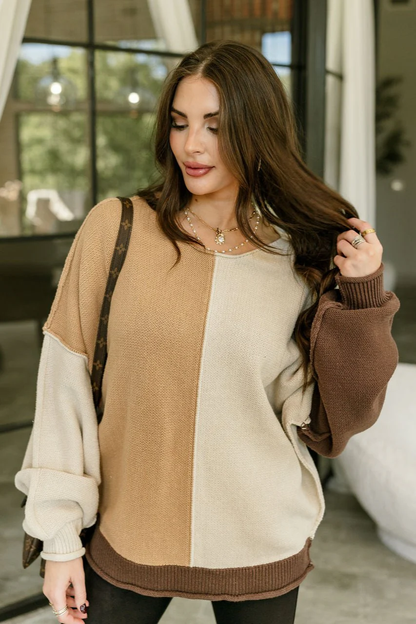 Leandra Cream & Brown Color Block Sweater