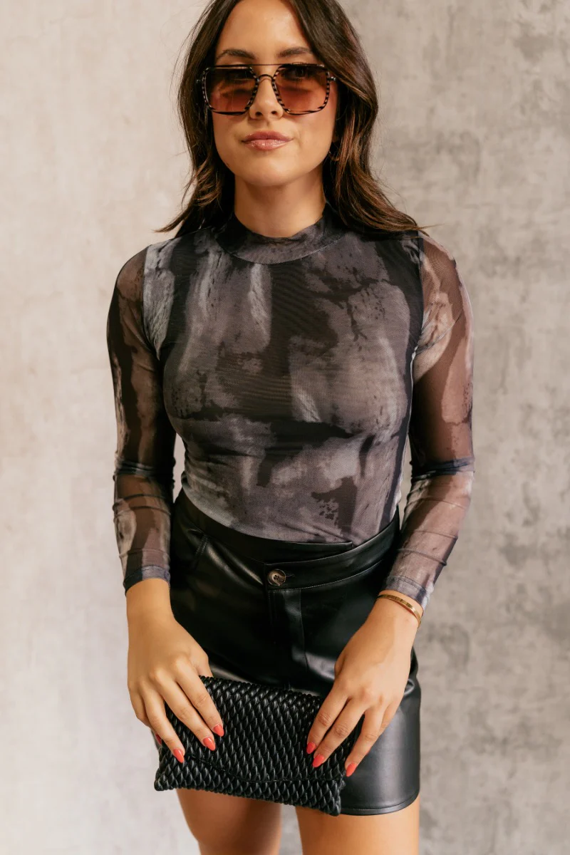 Leanna Black Marbled Mesh Long Sleeve Bodysuit - Image 2