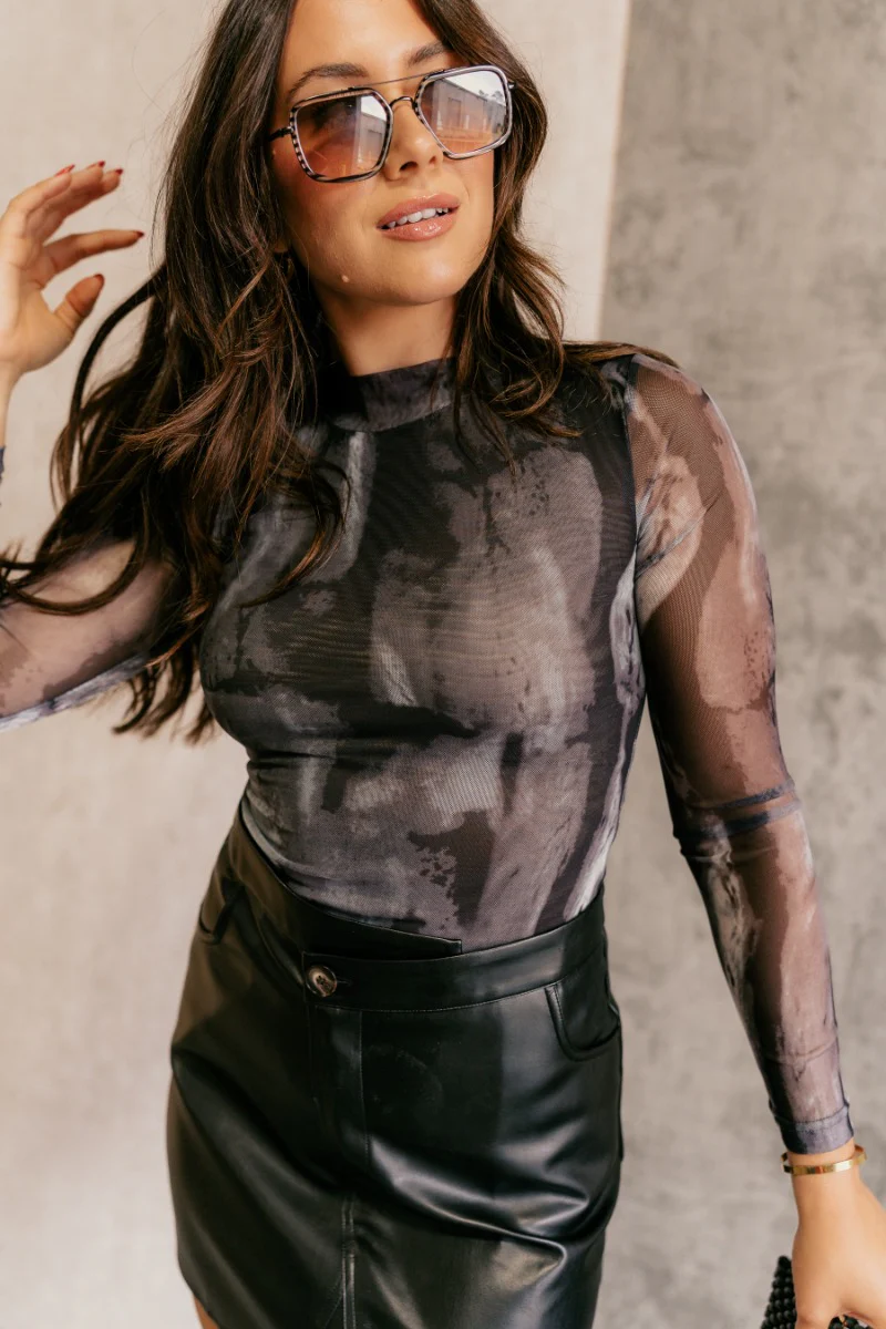 Leanna Black Marbled Mesh Long Sleeve Bodysuit - Image 3