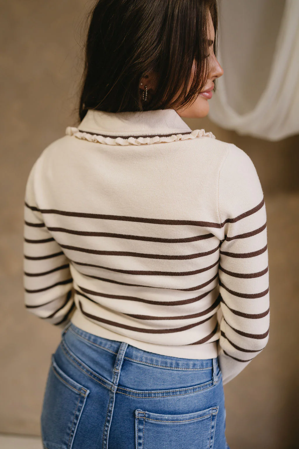 Leanne Cream & Brown Striped Ruffle Cardigan - Image 6