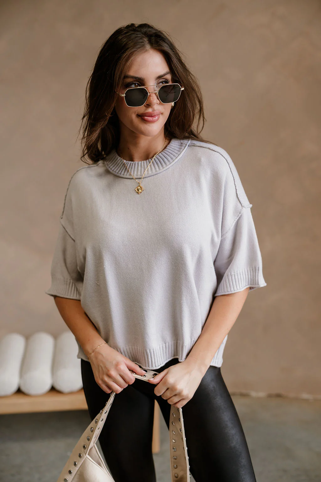 Leanne Light Grey Short Sleeve Sweater - Image 3