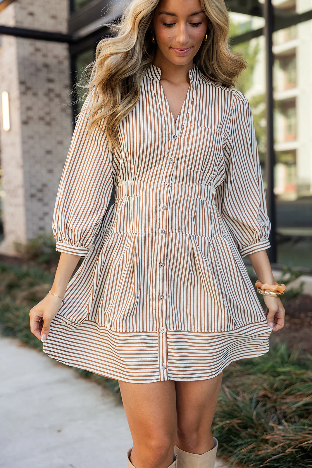 Leia Brown & Cream Stripe Mini Dress - Image 2