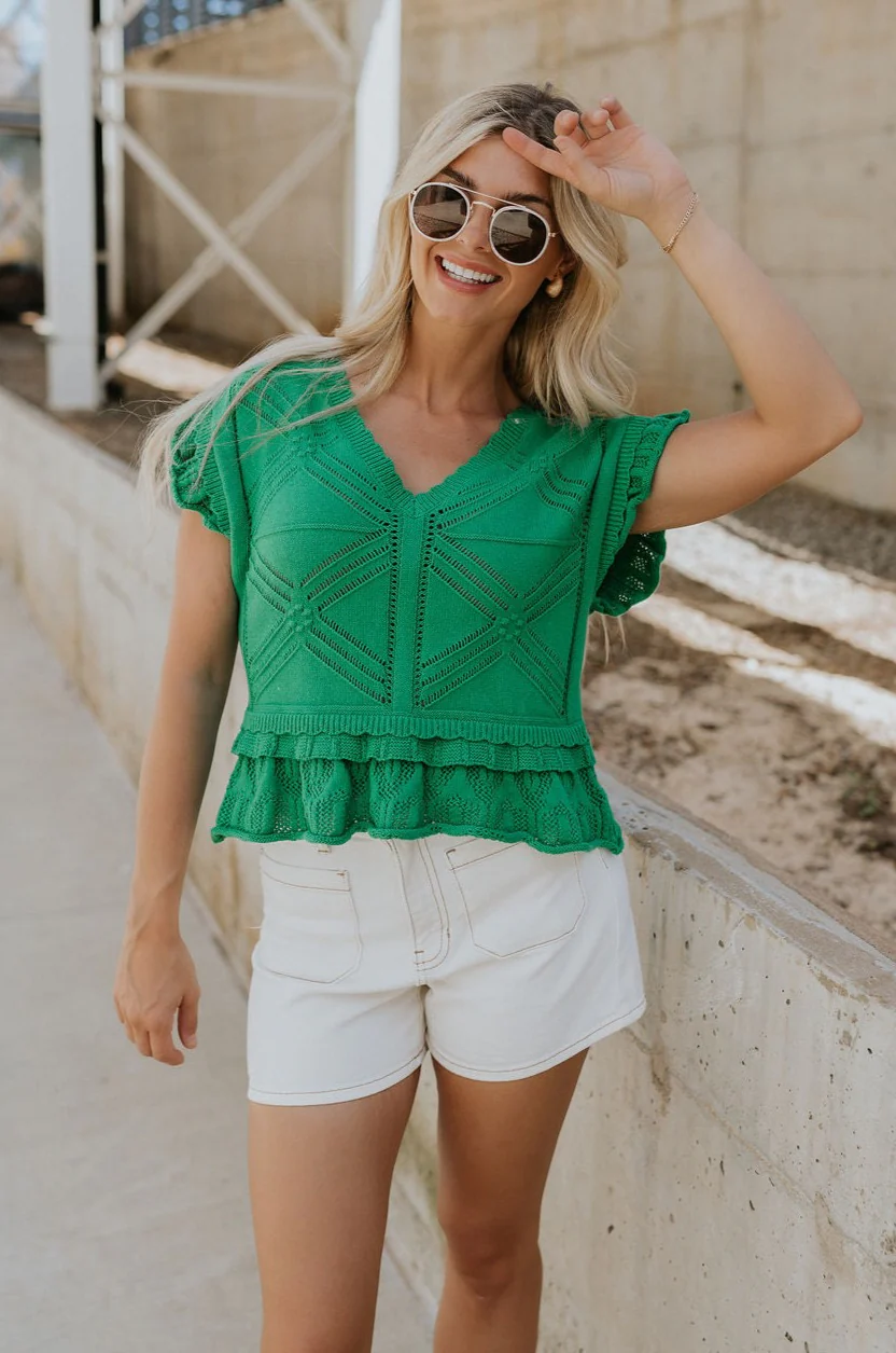 Leia Green Knit Ruffle Short Sleeve Top - Image 2