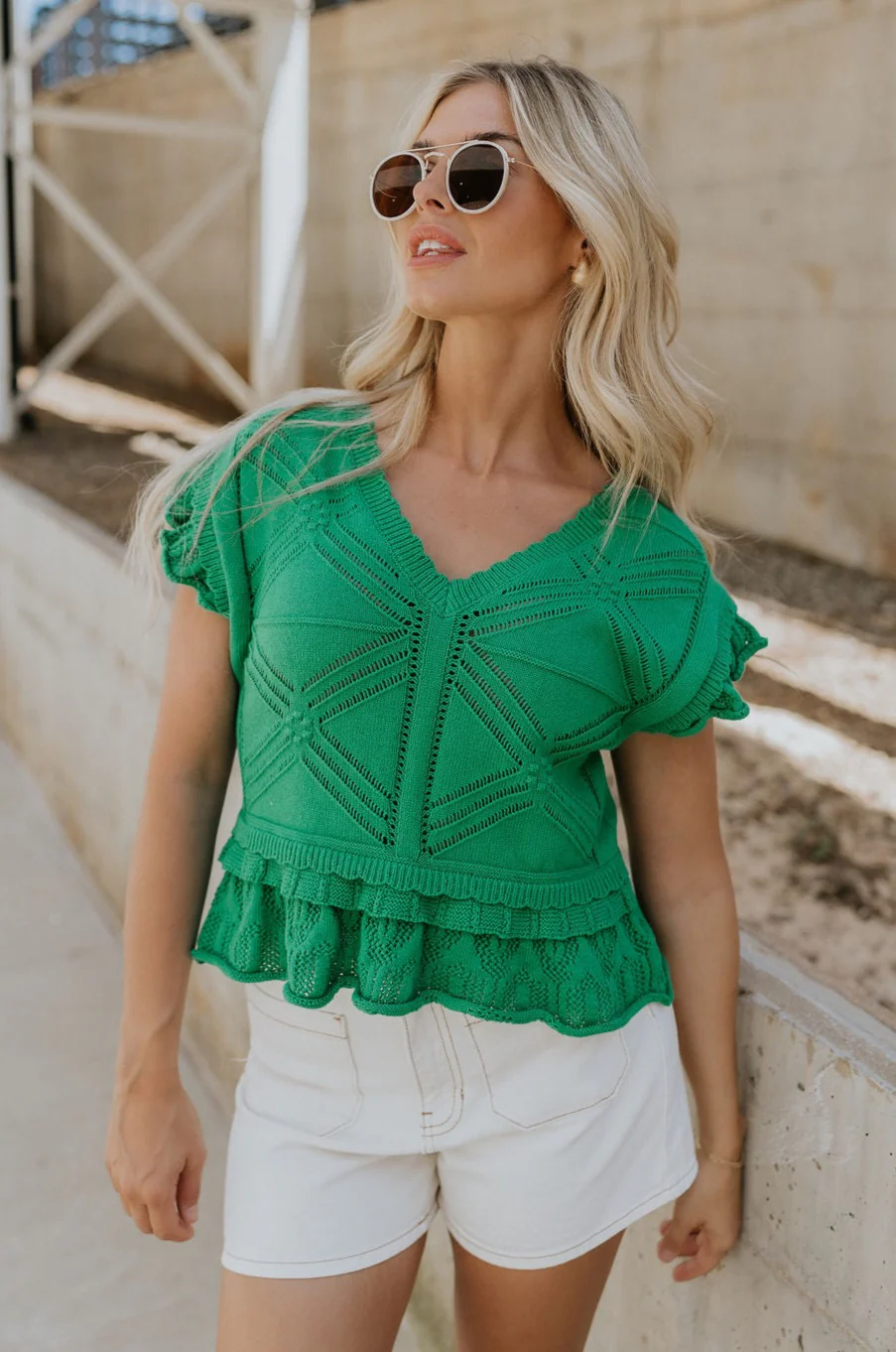 Leia Green Knit Ruffle Short Sleeve Top - Image 5