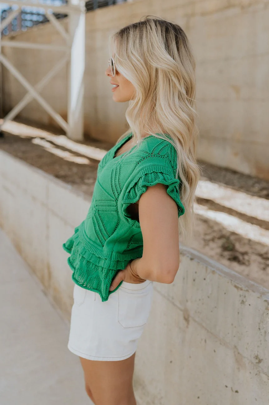 Leia Green Knit Ruffle Short Sleeve Top - Image 6