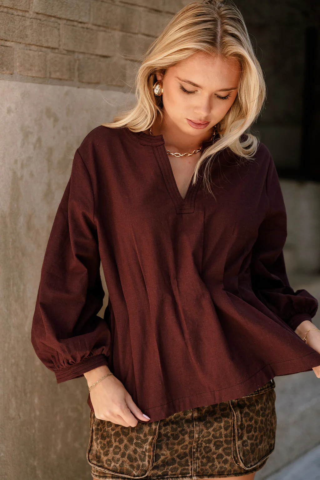 Leia Maroon Pleated Long Sleeve Top