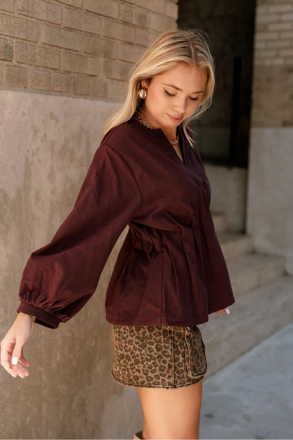 Leia Maroon Pleated Long Sleeve Top - Image 2