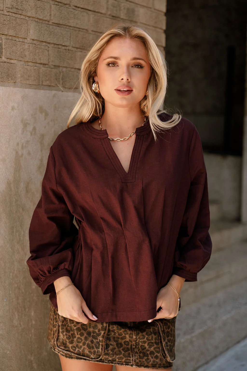 Leia Maroon Pleated Long Sleeve Top - Image 5