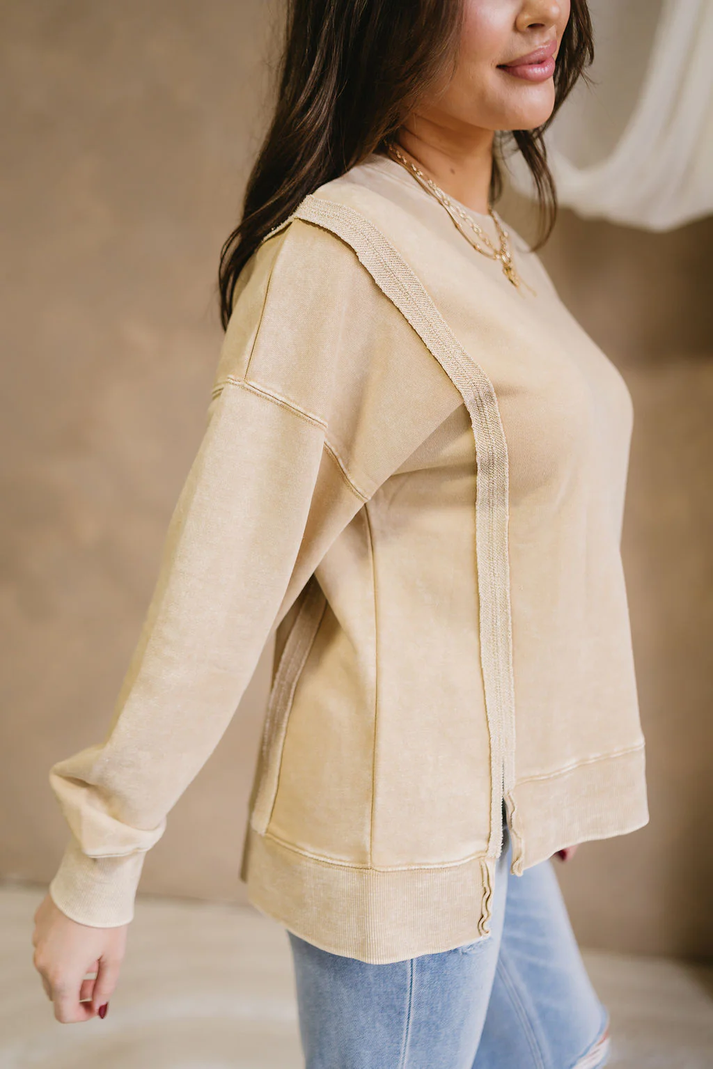 Leia Washed Beige Long Sleeve Top
