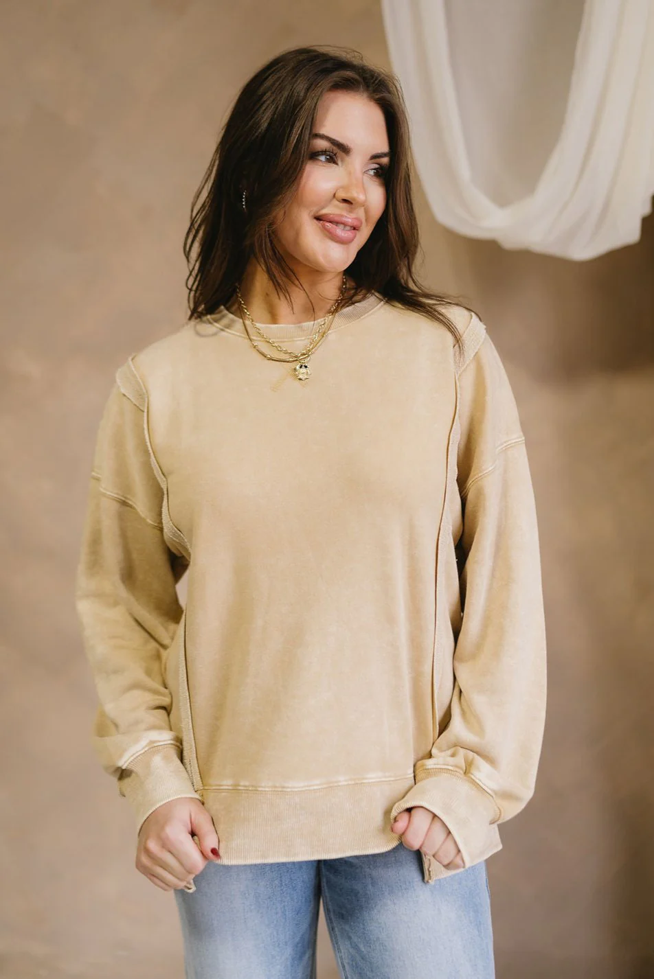 Leia Washed Beige Long Sleeve Top - Image 2