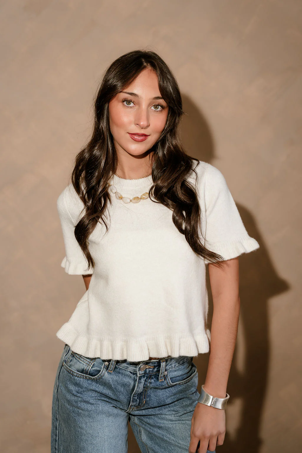 Leigh Off White Ruffled Short Sleeve Sweater - Image 2