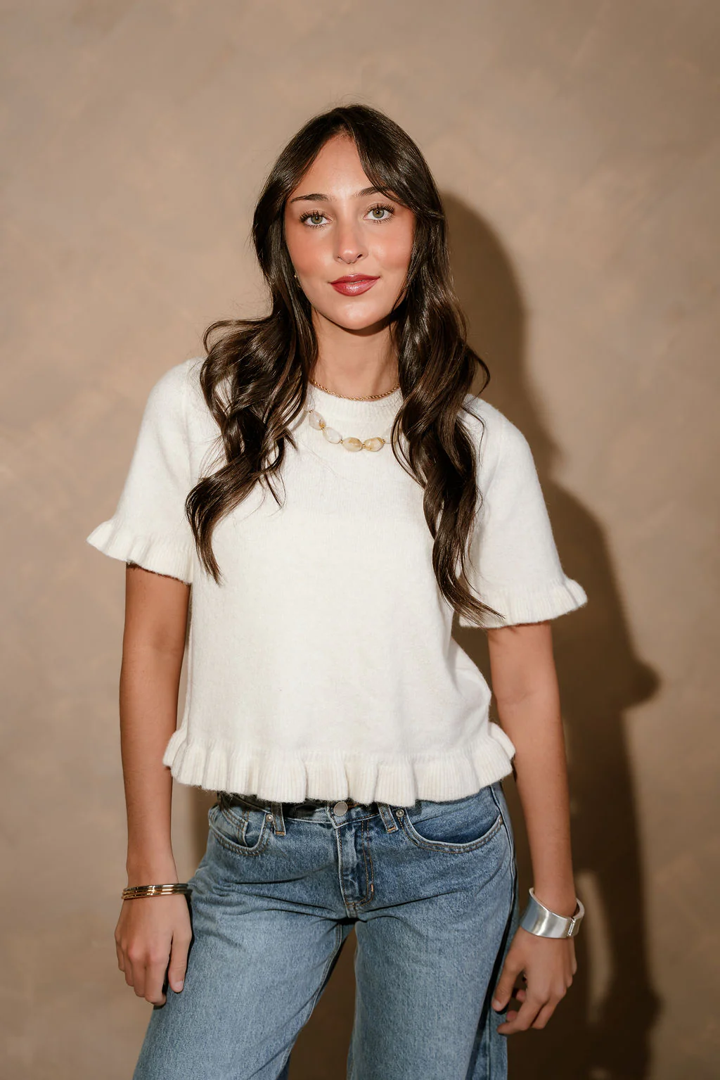 Leigh Off White Ruffled Short Sleeve Sweater - Image 5