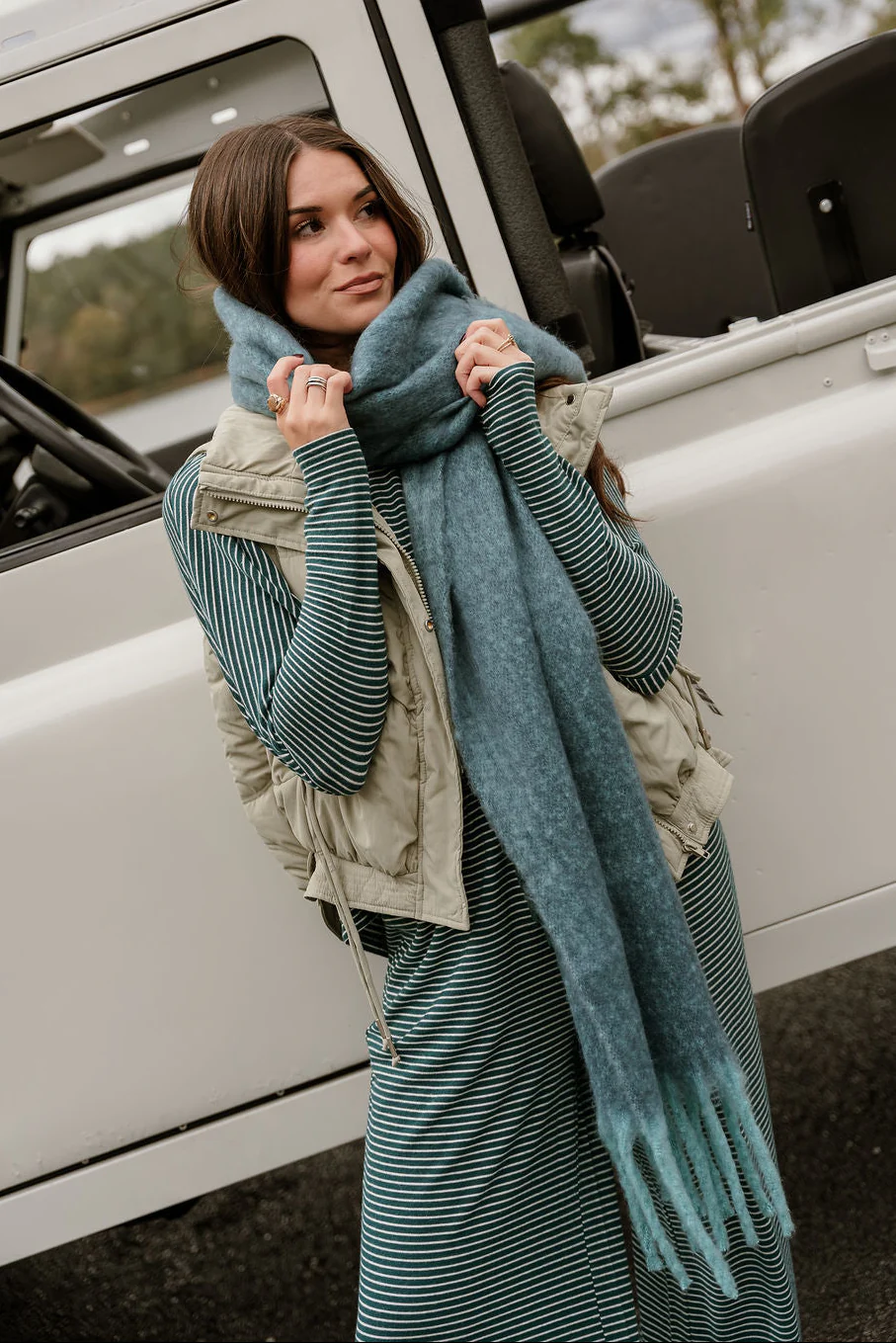 Leighton Blue & Teal Fringe Scarf - Image 5