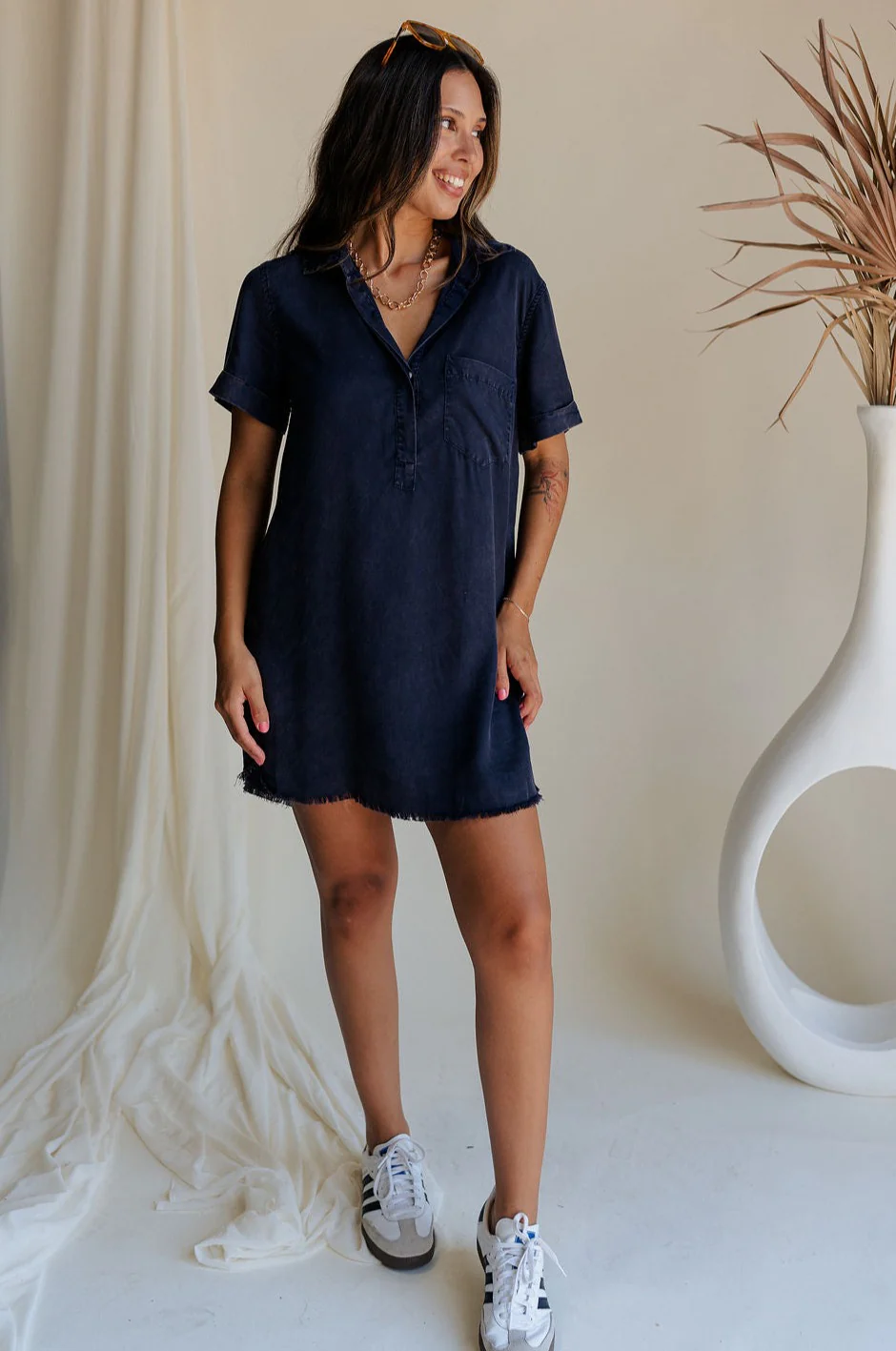 Leighton Navy Fray Short Sleeve Mini Dress - Image 2