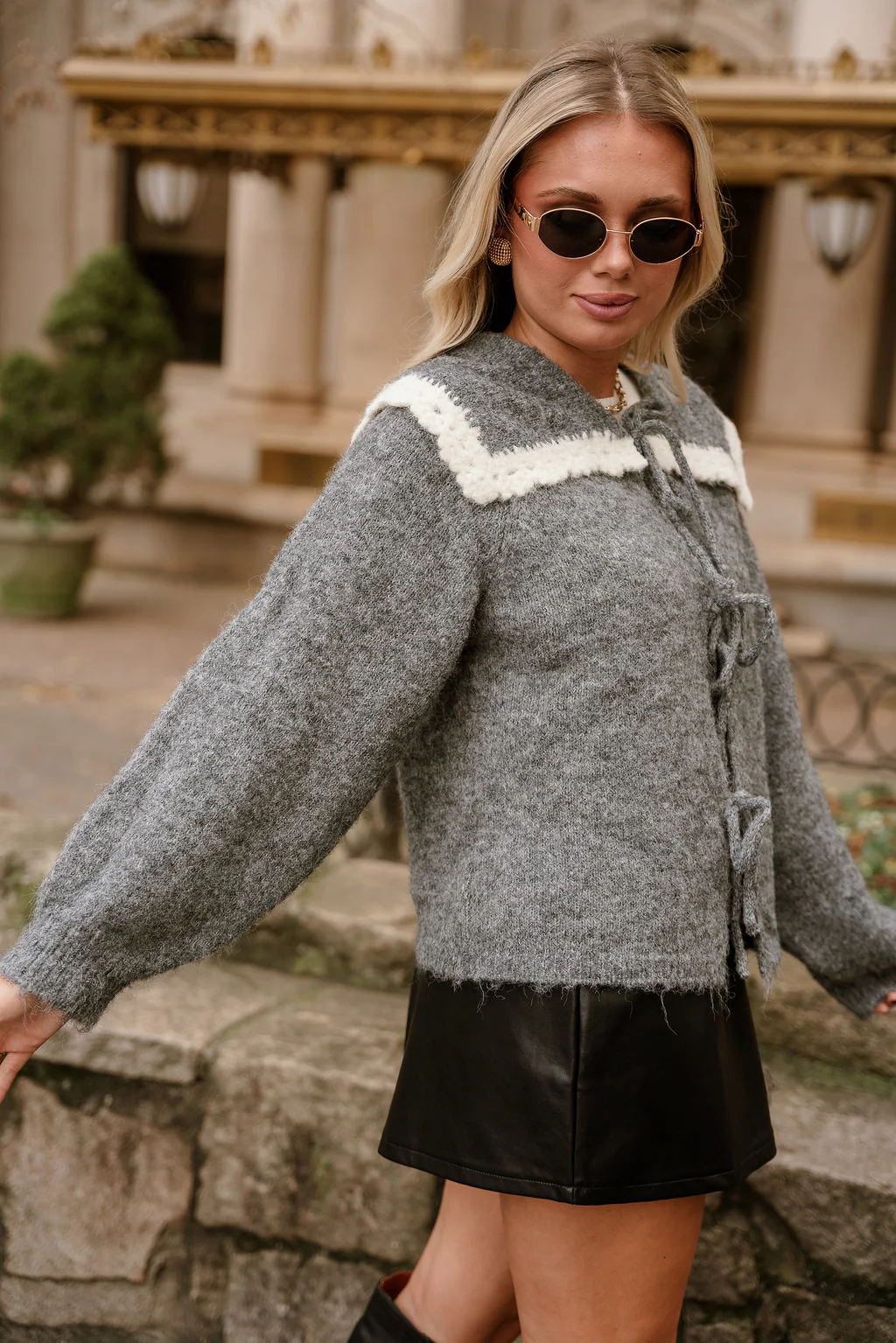 Leila Grey & Cream Collar Cardigan - Image 5