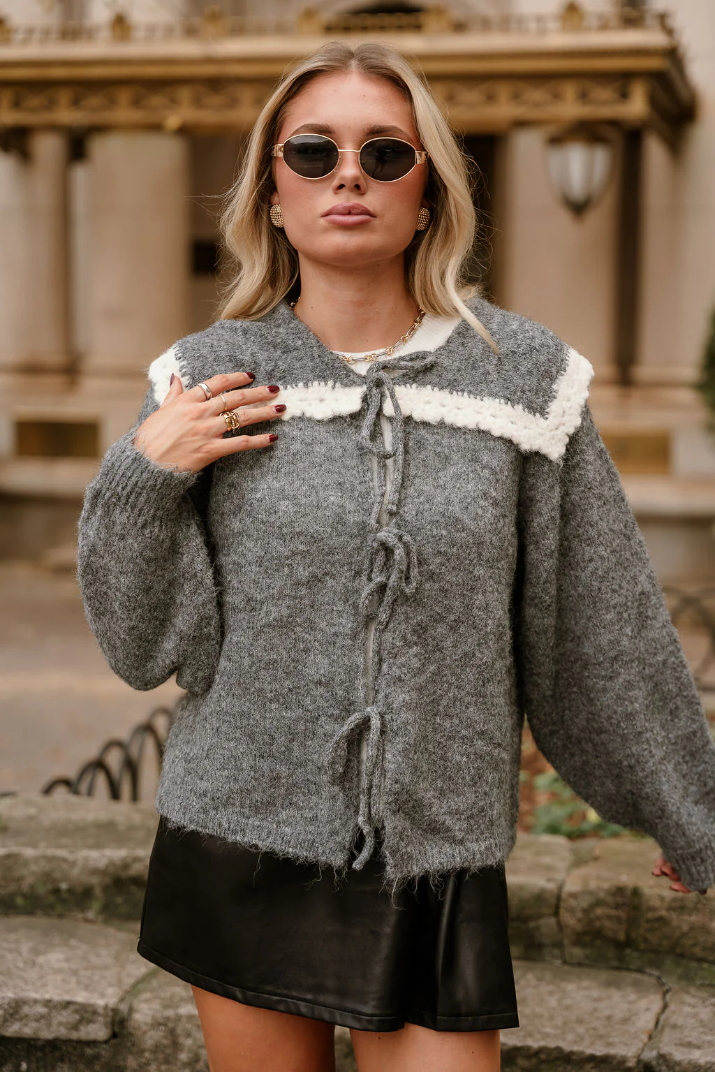 Leila Grey & Cream Collar Cardigan - Image 6