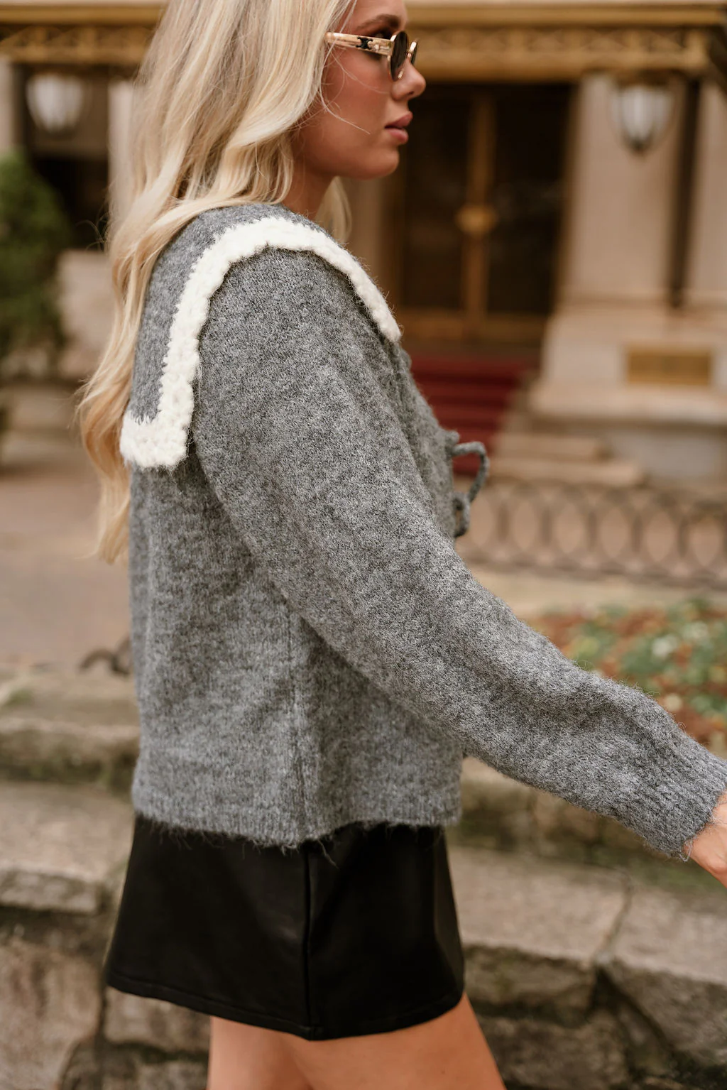 Leila Grey & Cream Collar Cardigan - Image 8