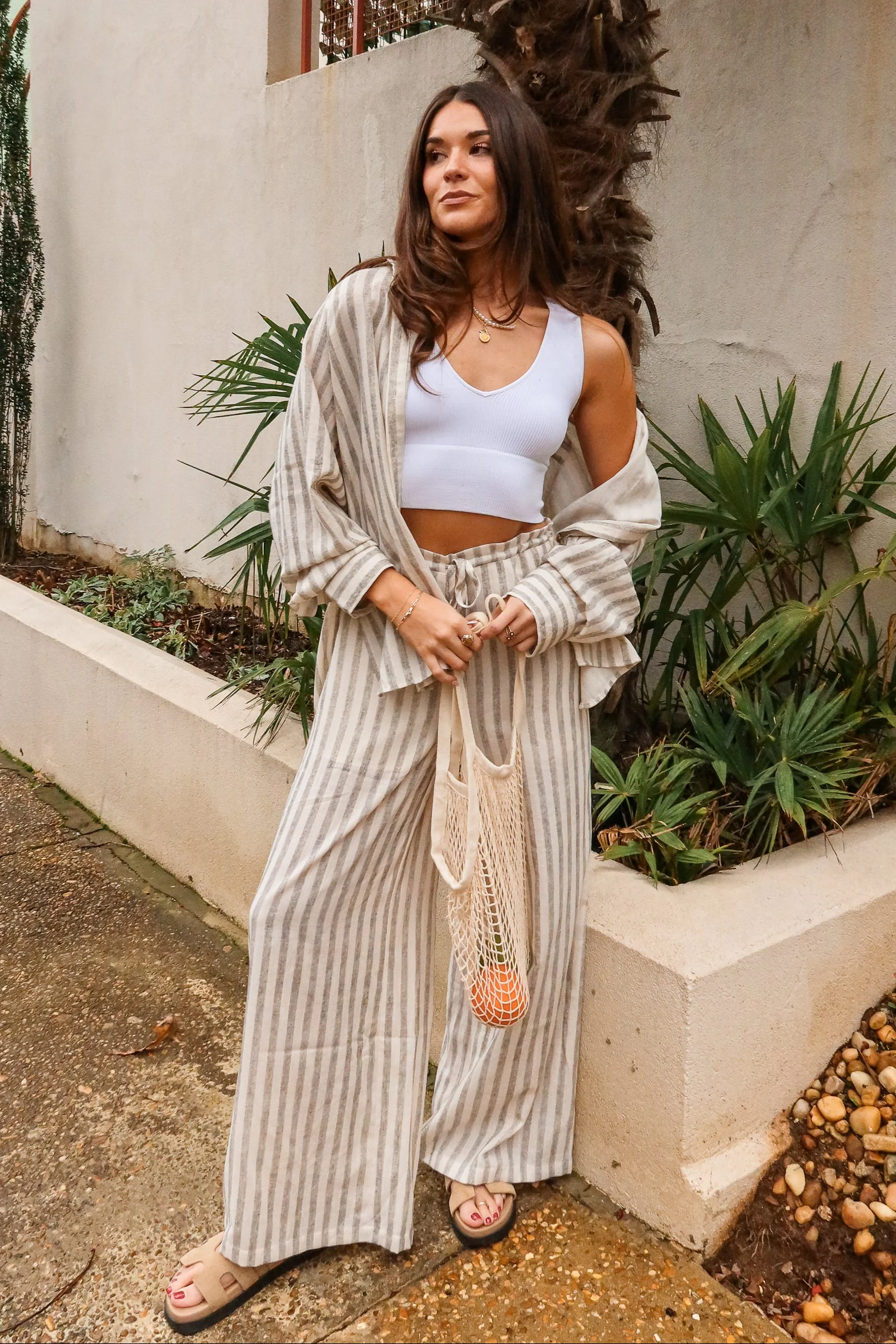 Leila Taupe & Black Stripe Linen Pants