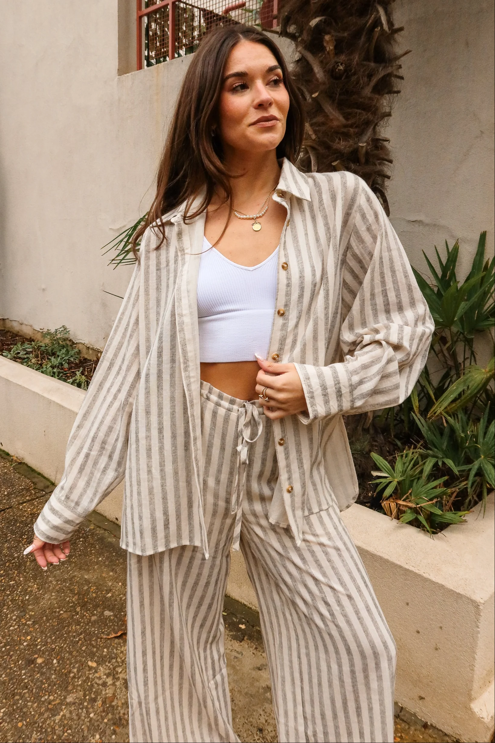 Leila Taupe & Black Stripe Linen Top - Image 5