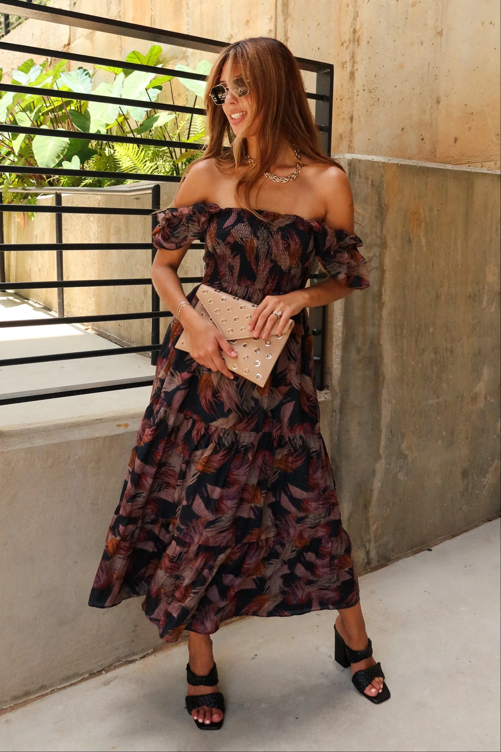 Leilani Navy Multi Palm Print Midi Dress