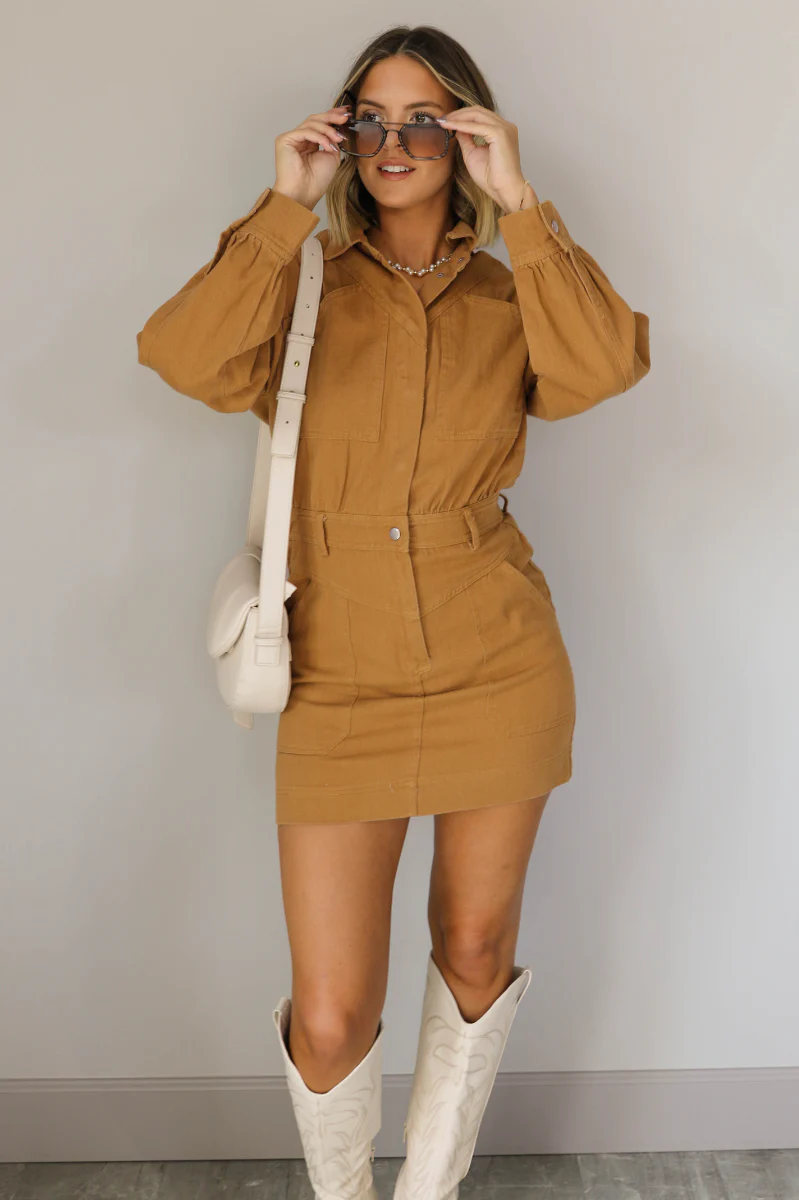 The Lena Camel Button Up Long Sleeve Mini Dress