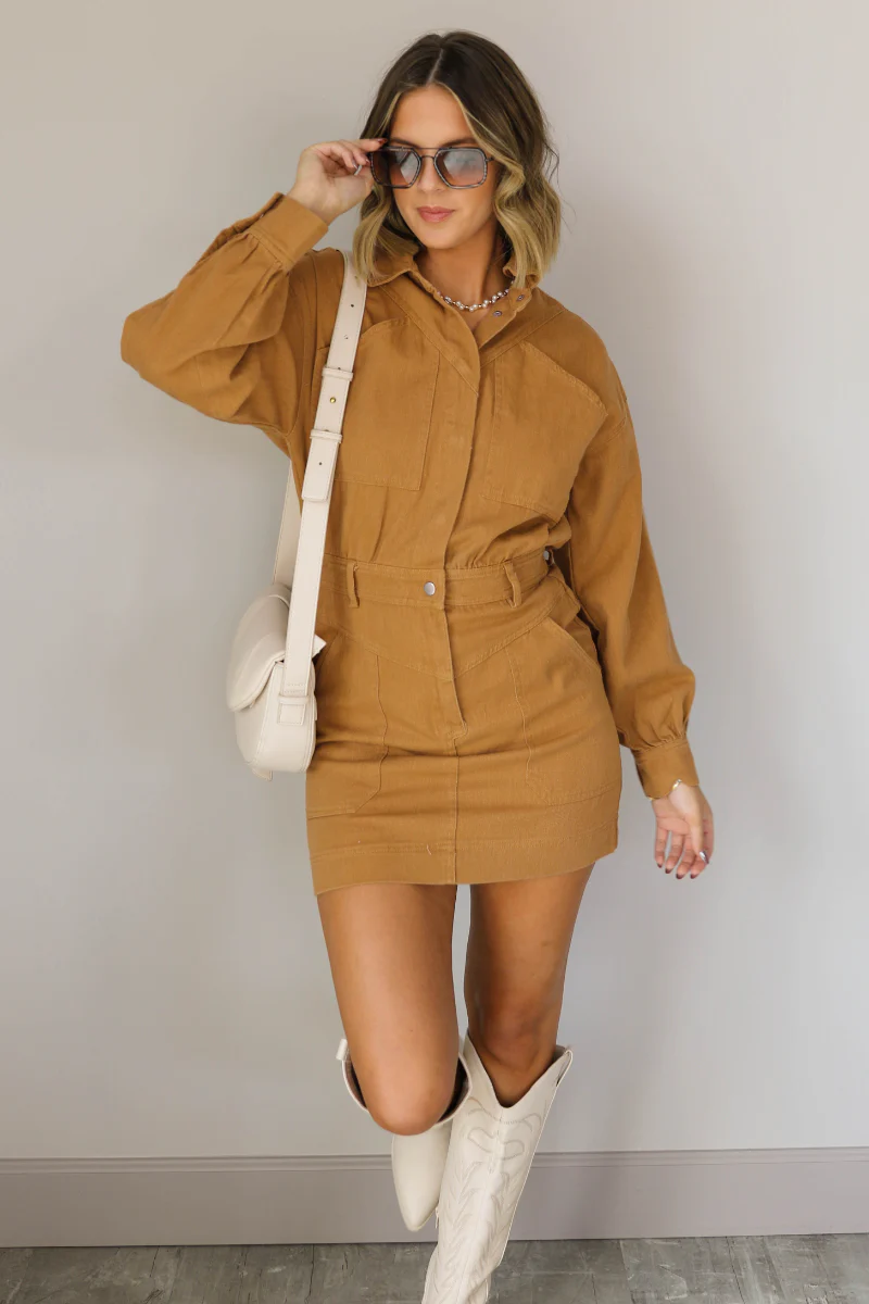 The Lena Camel Button Up Long Sleeve Mini Dress - Image 2