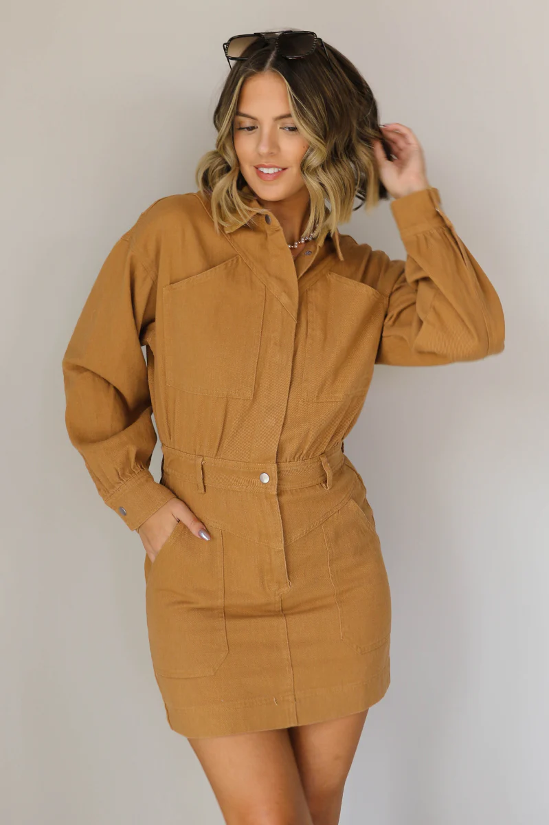 The Lena Camel Button Up Long Sleeve Mini Dress - Image 3