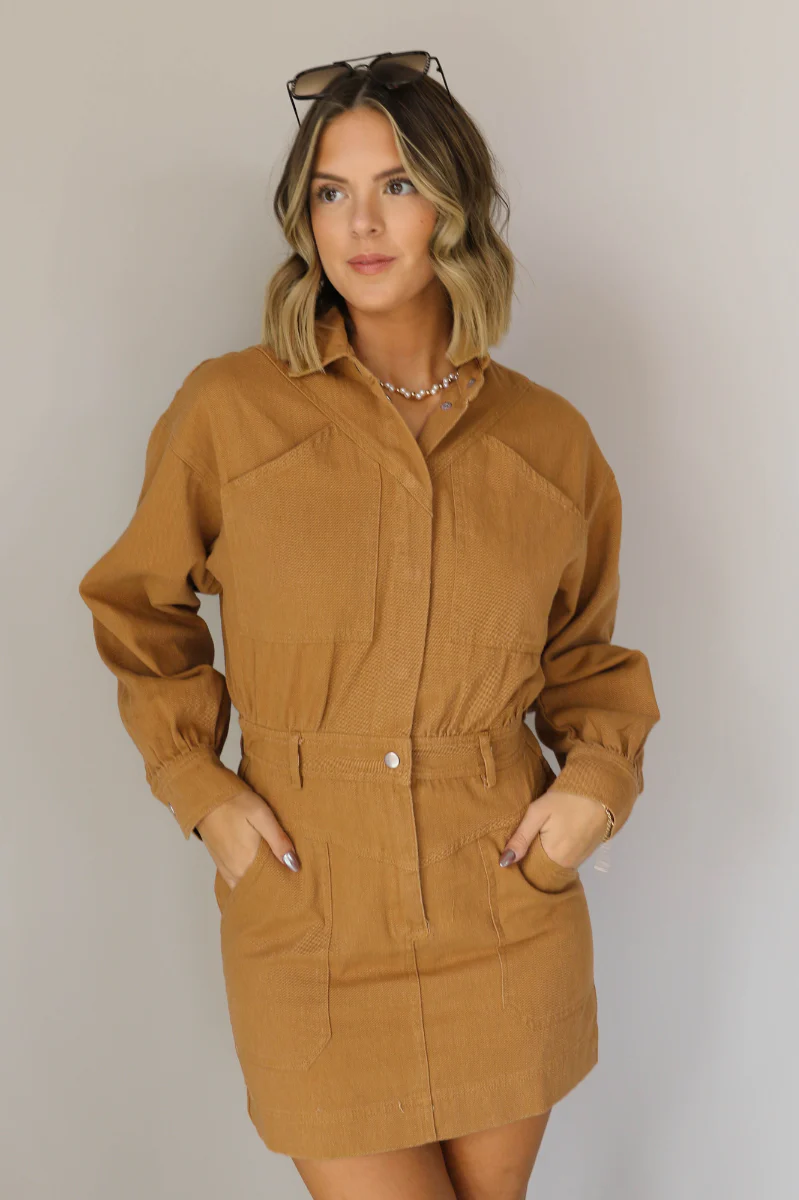 The Lena Camel Button Up Long Sleeve Mini Dress - Image 4