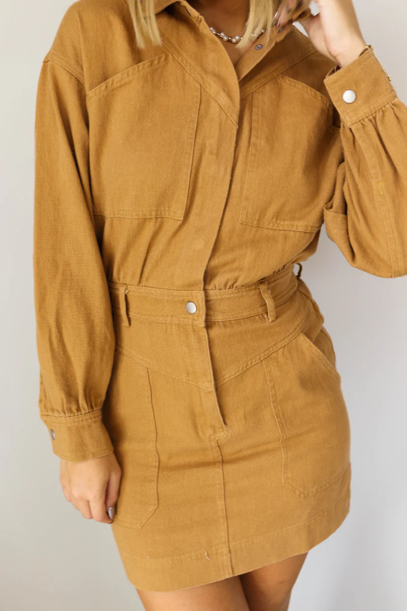 The Lena Camel Button Up Long Sleeve Mini Dress - Image 5