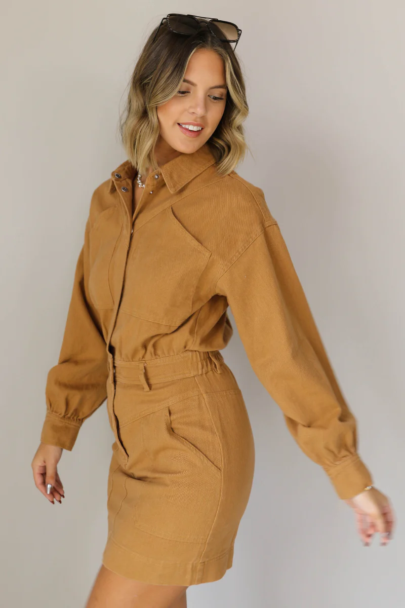 The Lena Camel Button Up Long Sleeve Mini Dress - Image 6