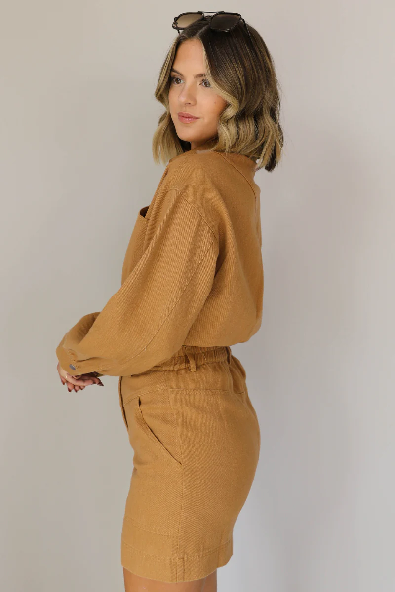 The Lena Camel Button Up Long Sleeve Mini Dress - Image 7