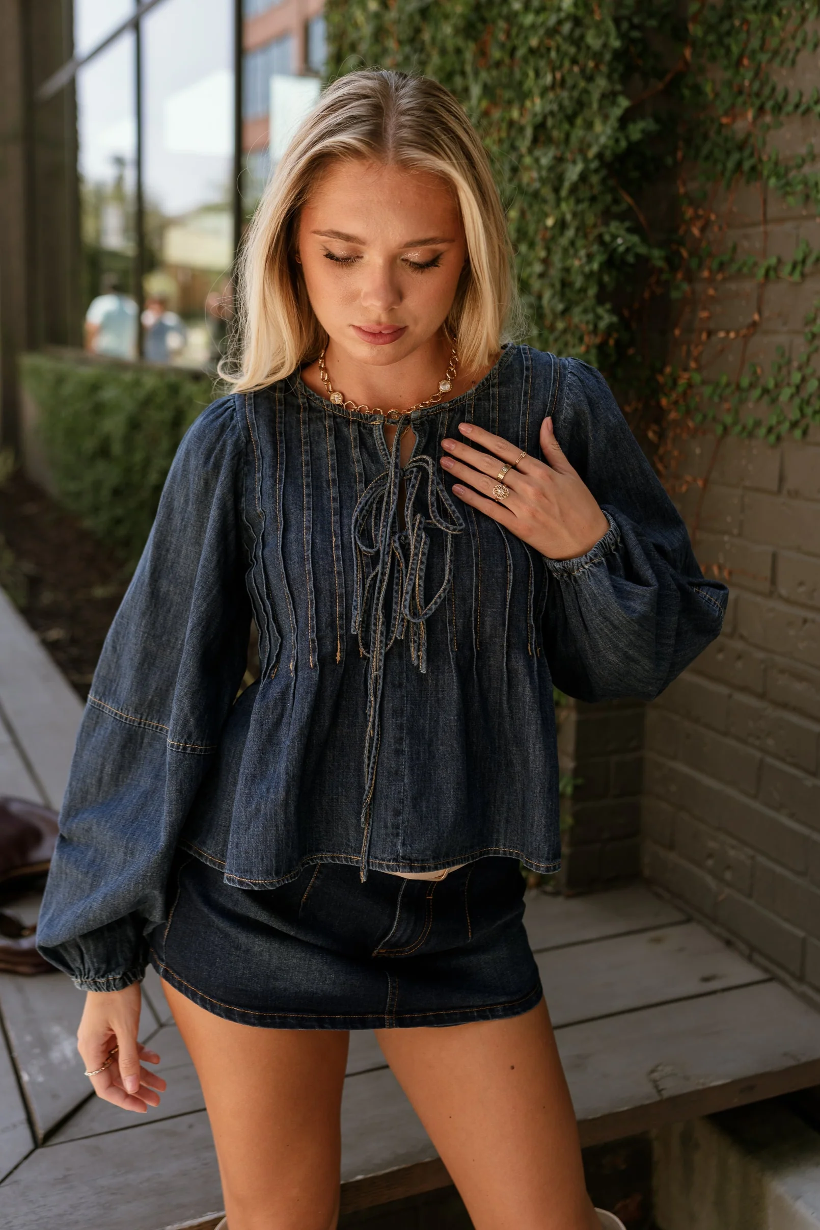 Lena Dark Denim Pleated Flare Long Sleeve Top - Image 2