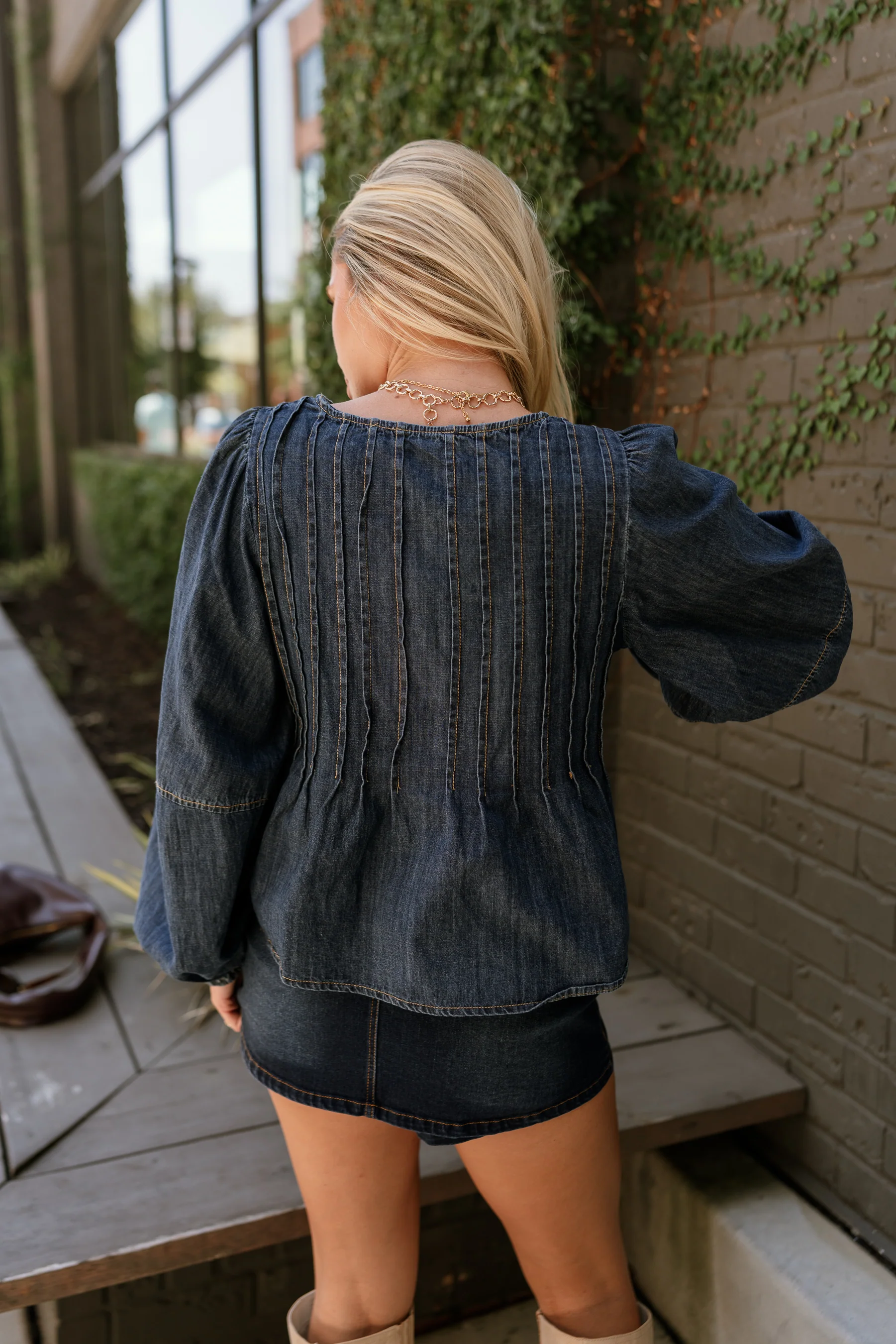 Lena Dark Denim Pleated Flare Long Sleeve Top - Image 4