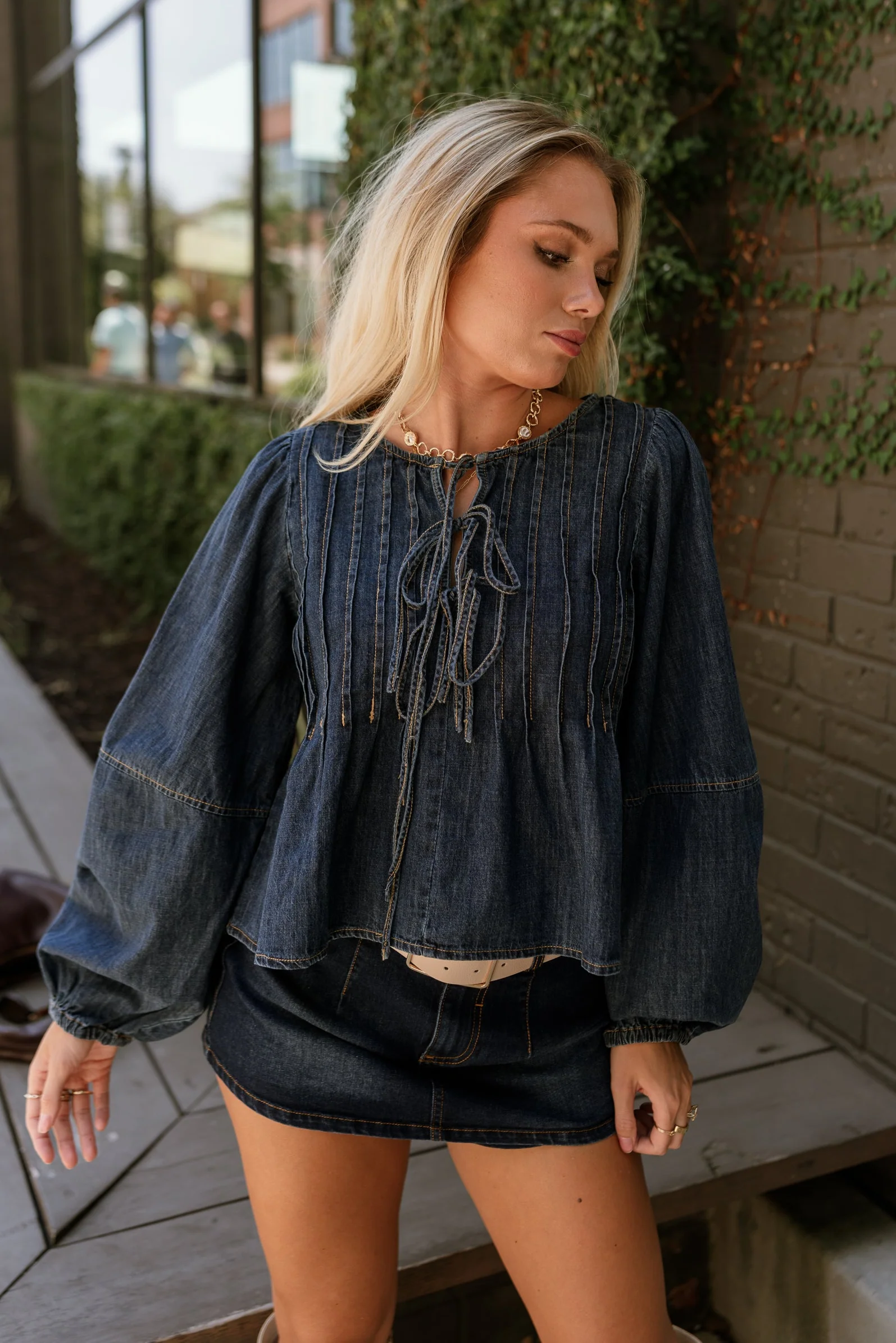 Lena Dark Denim Pleated Flare Long Sleeve Top - Image 6