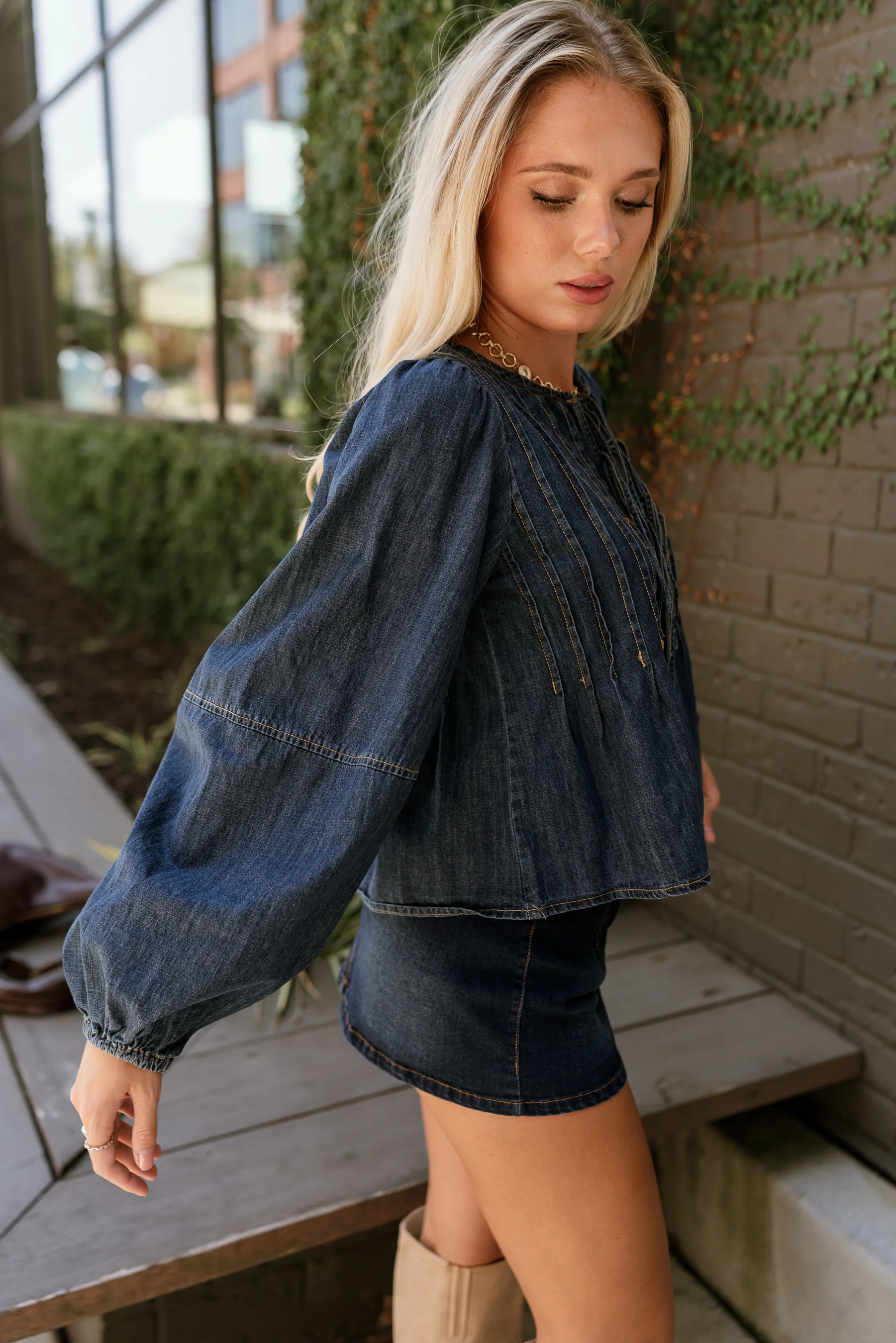 Lena Dark Denim Pleated Flare Long Sleeve Top - Image 7