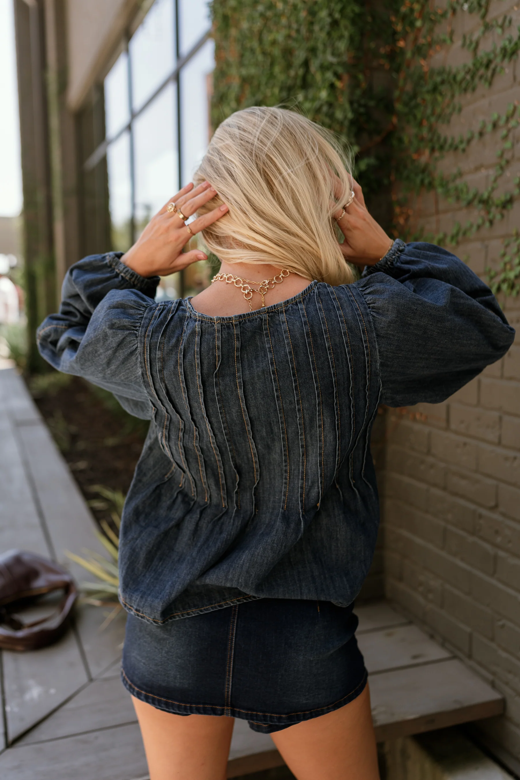Lena Dark Denim Pleated Flare Long Sleeve Top - Image 9