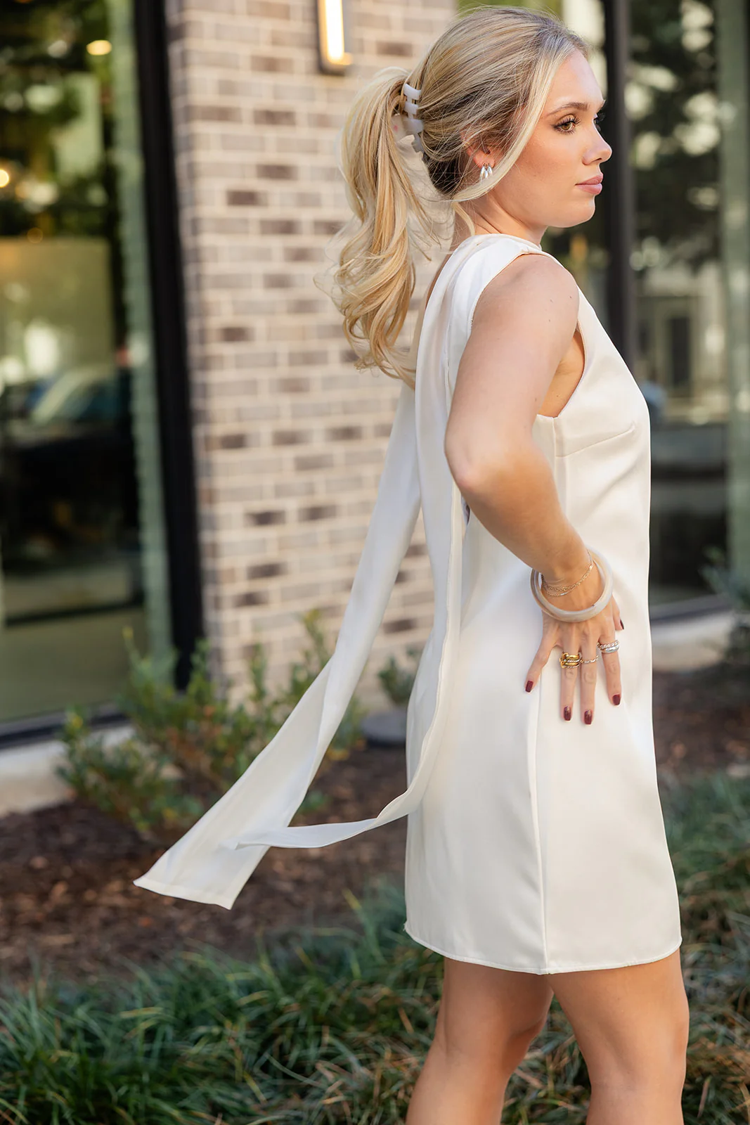 Lena Ivory Satin Scarf Tie Mini Dress - Image 10
