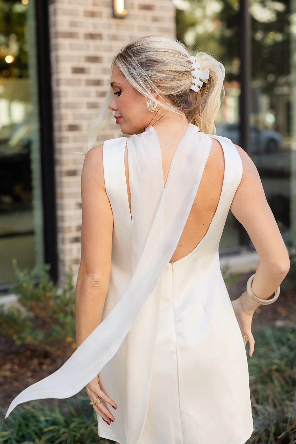 Lena Ivory Satin Scarf Tie Mini Dress - Image 11