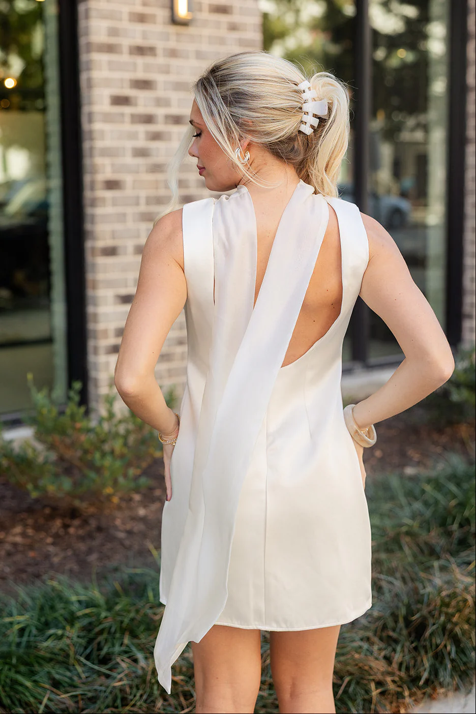 Lena Ivory Satin Scarf Tie Mini Dress - Image 12