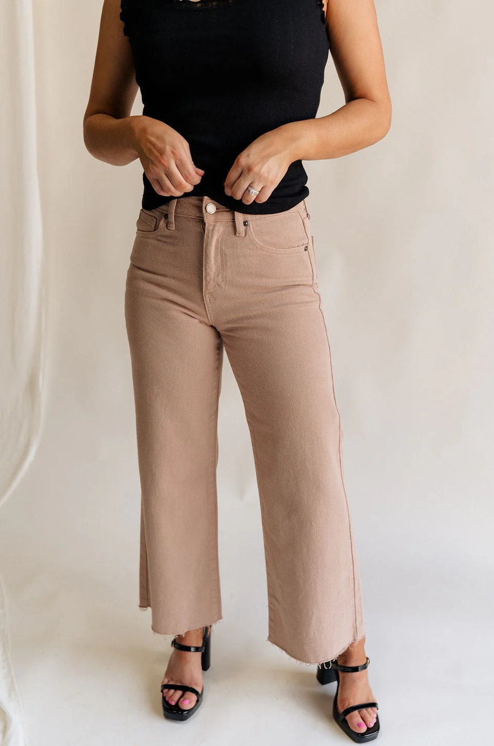 Lena Light Taupe Wide Cropped Leg Pants - Image 2