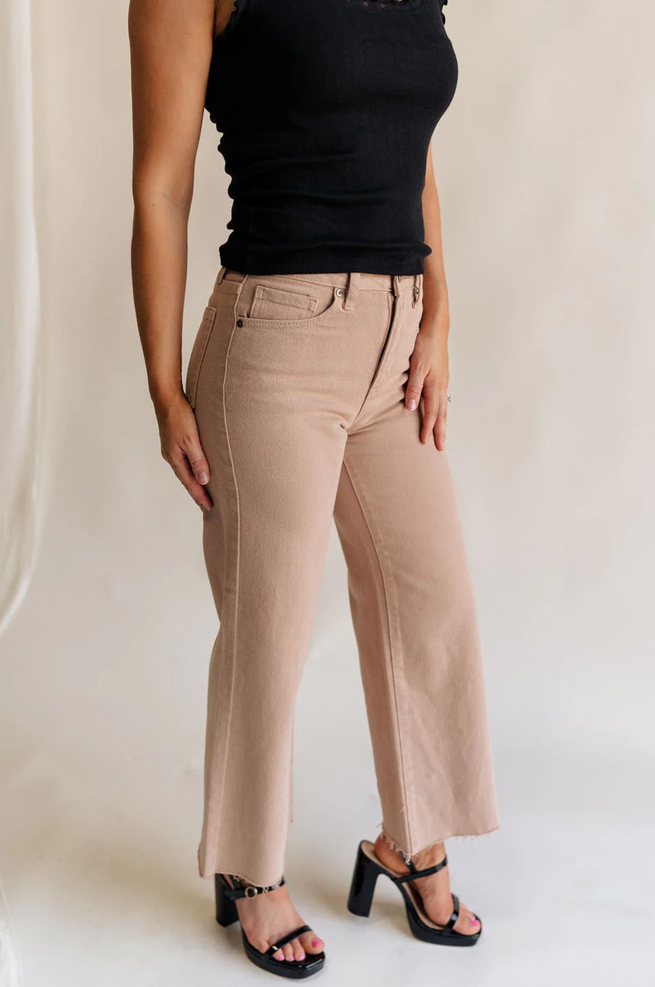 Lena Light Taupe Wide Cropped Leg Pants - Image 3