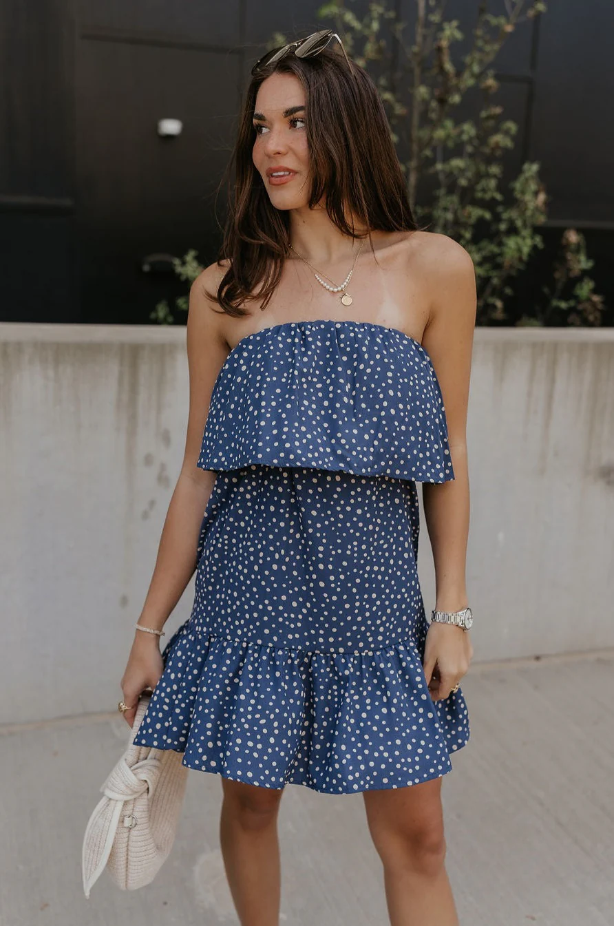 Lena Navy & White Polka Dot Strapless Mini Dress - Image 2